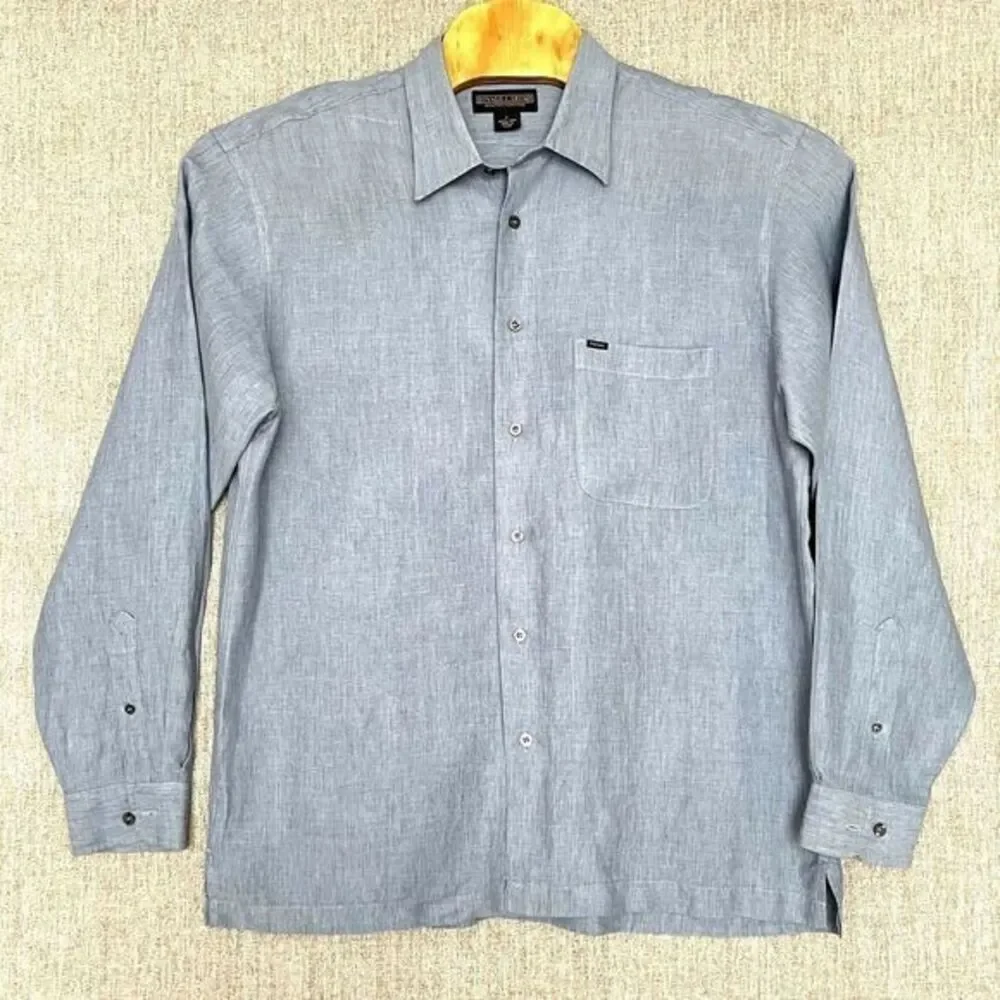 Donald J Trump Signature Collection Shirt L Blue Linen‎ Button Up Long Sleeve